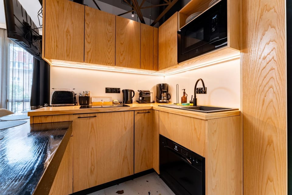 Kitchen or kitchenette, dishwasher, oven, stove