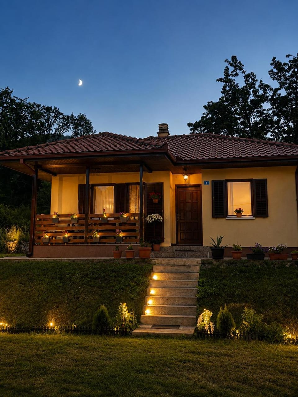 Property building, Patio, Night, Garden, Garden view