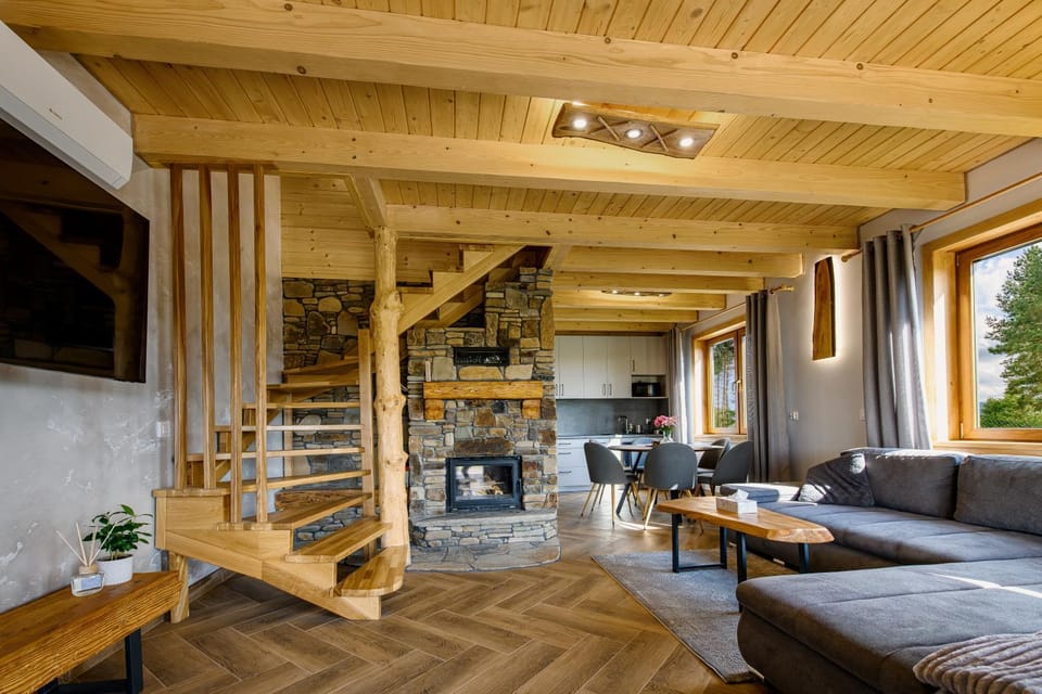 Living room, fireplace, kitchen
