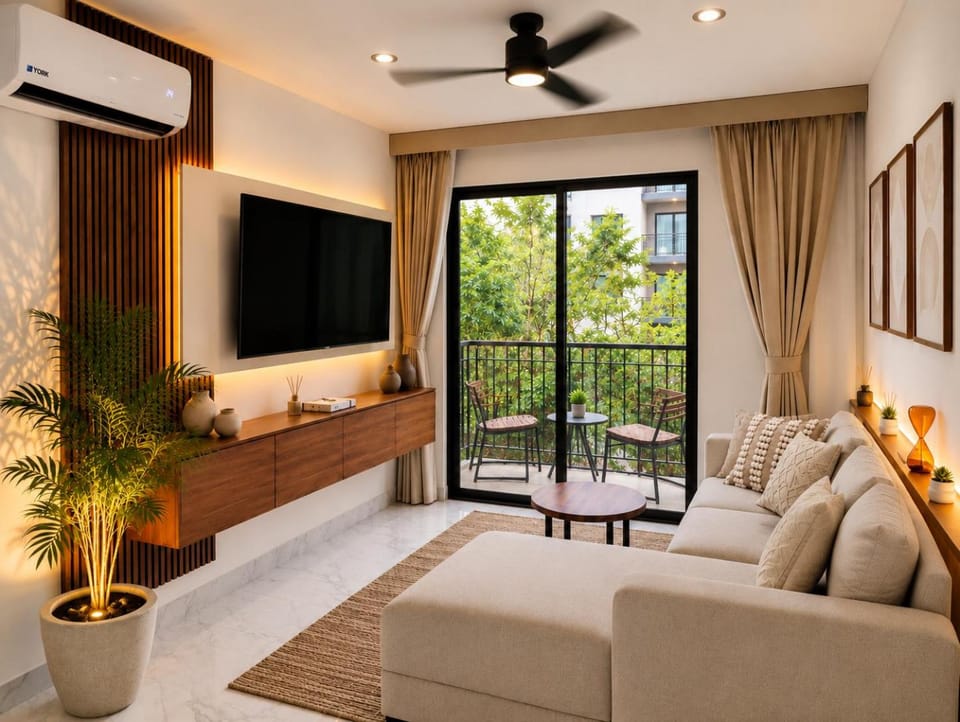 TV and multimedia, Balcony/Terrace, Living room, Garden view
