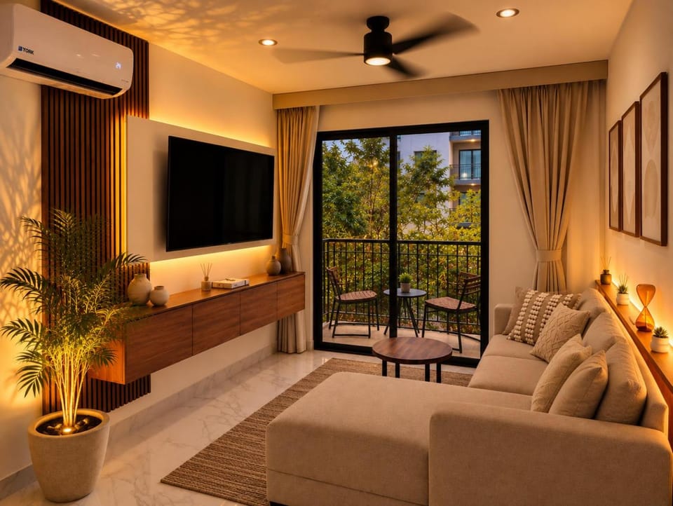 Night, TV and multimedia, Living room, Garden view