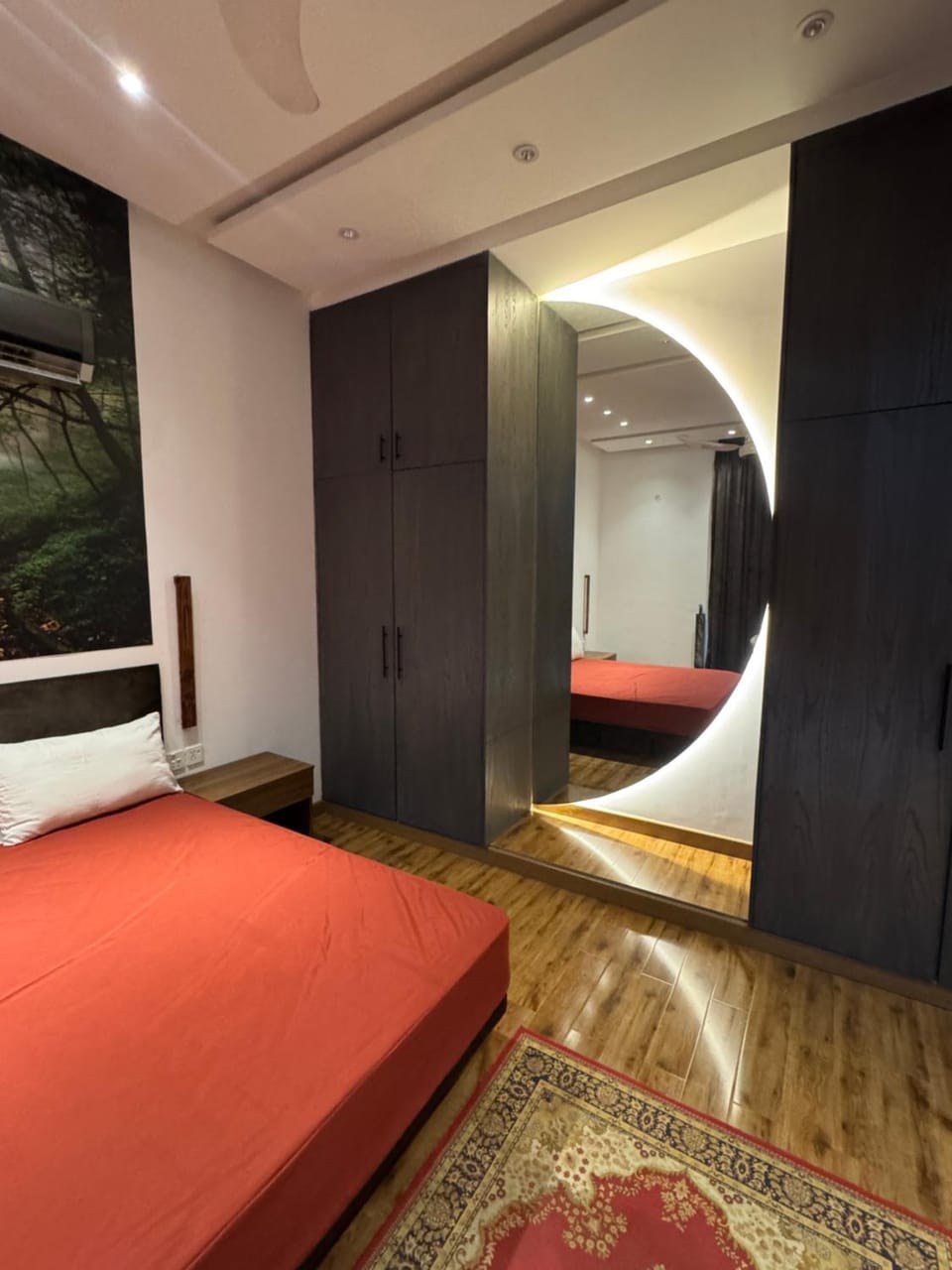 Bed, wardrobe
