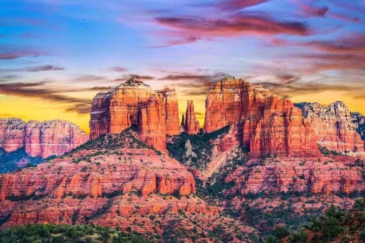 Nearby landmark, Natural landscape, Mountain view, Sunset