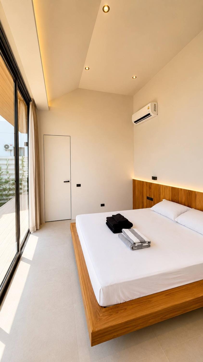 Bed, Photo of the whole room, Bedroom, towels, air conditioner