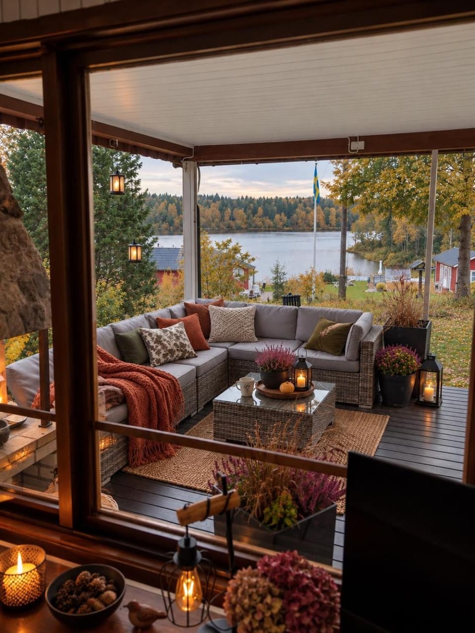Natural landscape, Garden, Living room, Seating area, Garden view, Lake view, River view