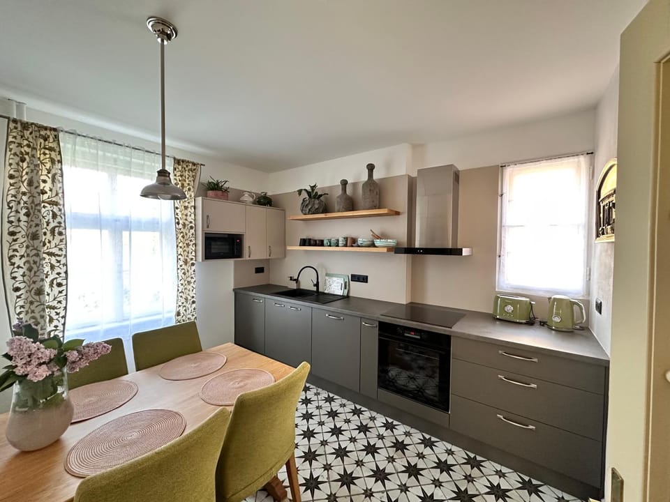 Kitchen or kitchenette, Dining area, dishwasher, minibar, oven, stove