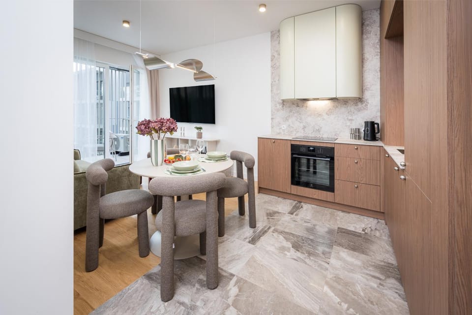 Kitchen or kitchenette, Living room, Seating area