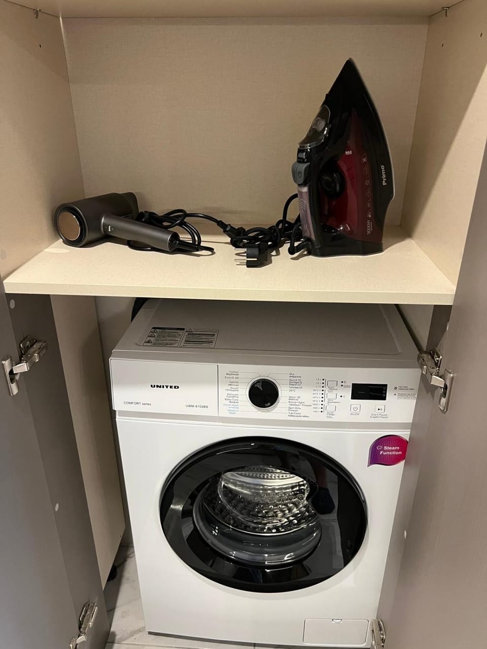 flat iron, hair dryier, washing machine