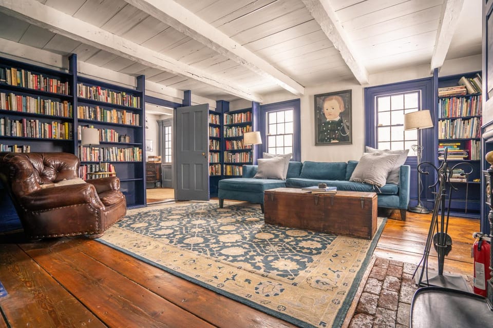Library, fireplace