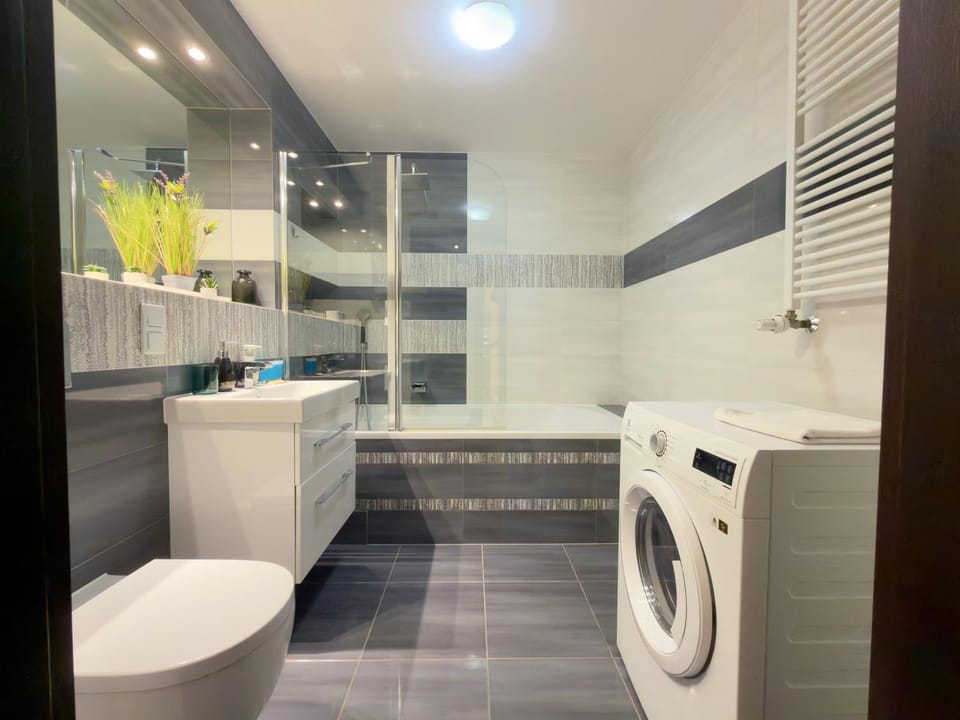 Toilet, Bathroom, towels, washing machine