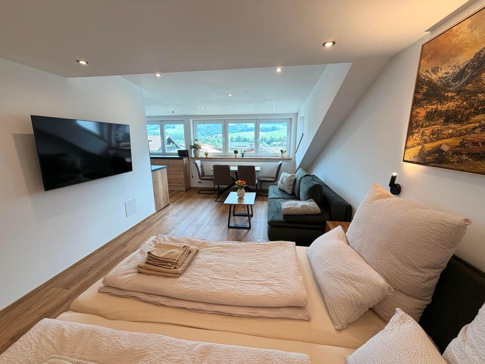 Bed, TV and multimedia, Kitchen or kitchenette, Living room, Photo of the whole room, Seating area, Evening entertainment, Bedroom
