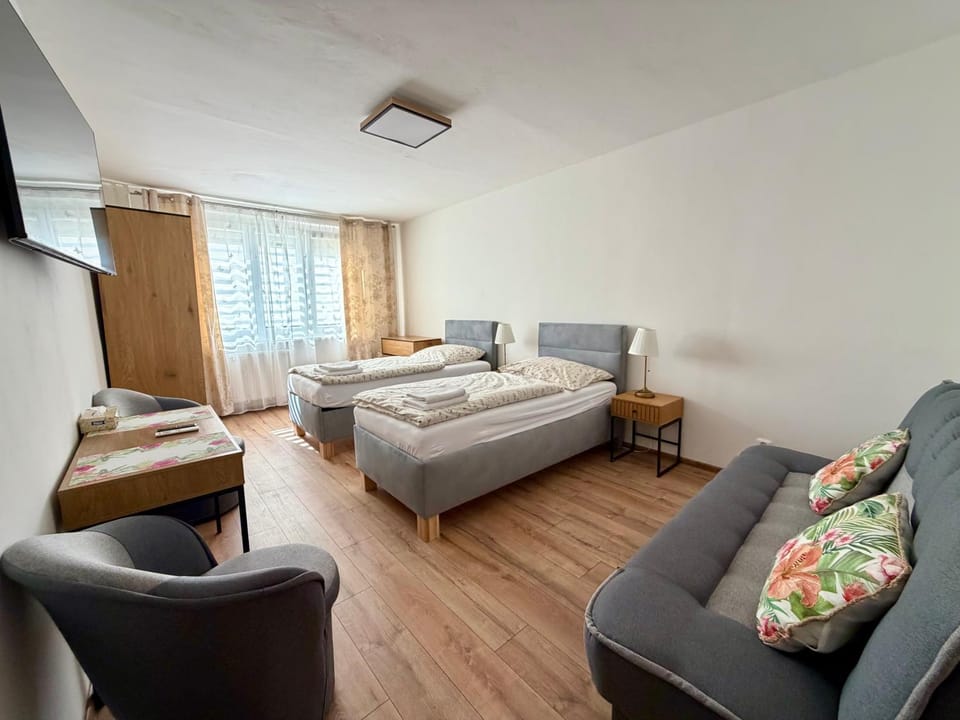 Bed, TV and multimedia, Seating area, Bedroom, towels, wardrobe
