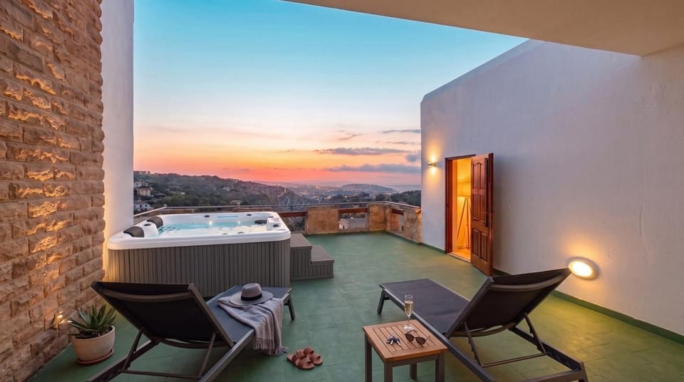 Patio, Day, Natural landscape, Hot Tub, View (from property/room), Balcony/Terrace, Living room, Seating area, Dining area, Mountain view, Pool view, Swimming pool, Sunrise, Sunset, sunbed