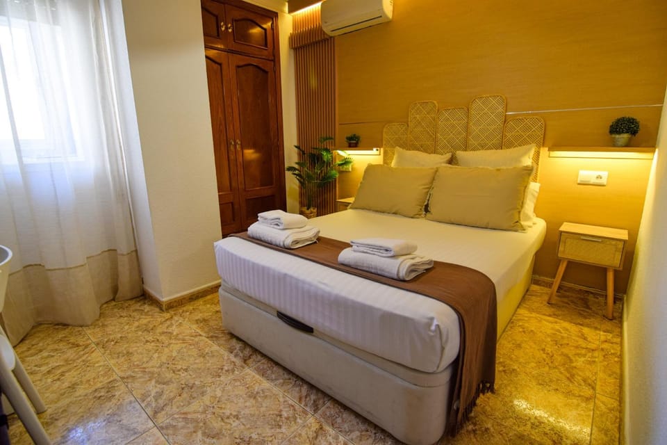 Bed, wardrobe