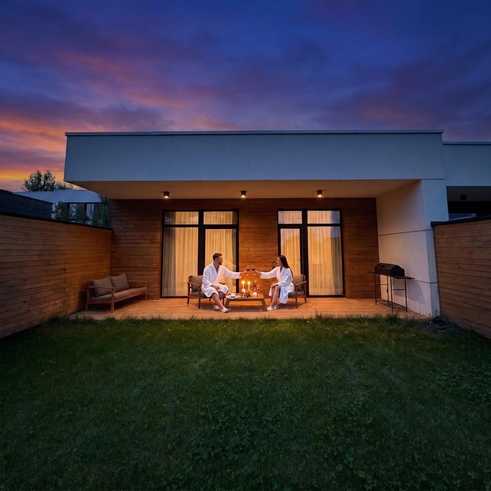 Property building, Patio, Night, Seating area