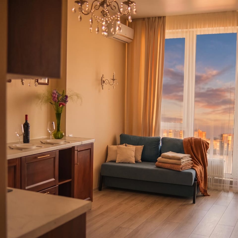 Kitchen or kitchenette, Living room, Seating area
