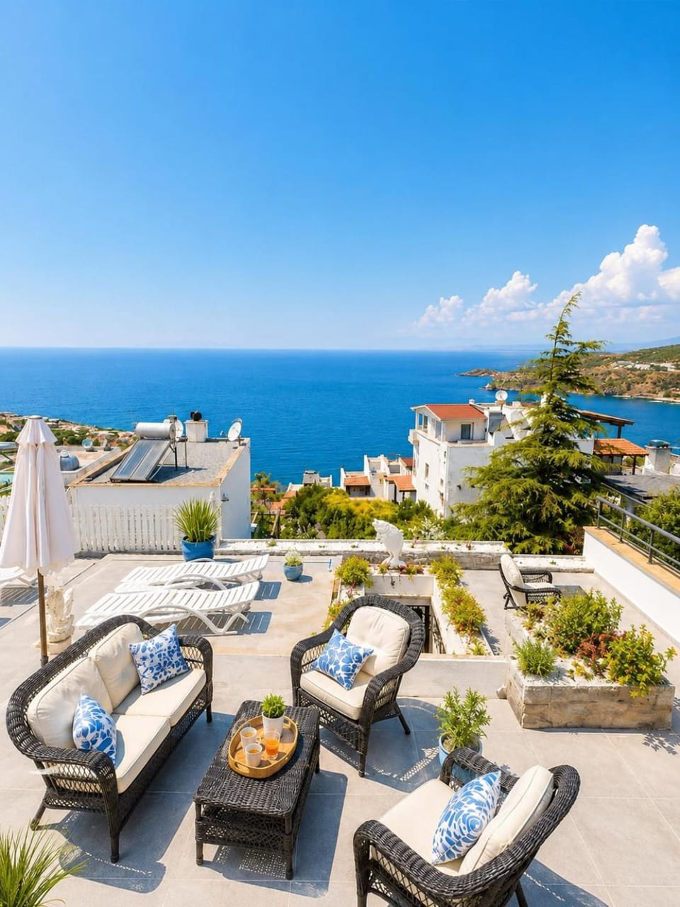 Property building, Patio, Nearby landmark, Day, Natural landscape, View (from property/room), Balcony/Terrace, Living room, Dining area, Pool view, Sea view, Swimming pool, sunbed