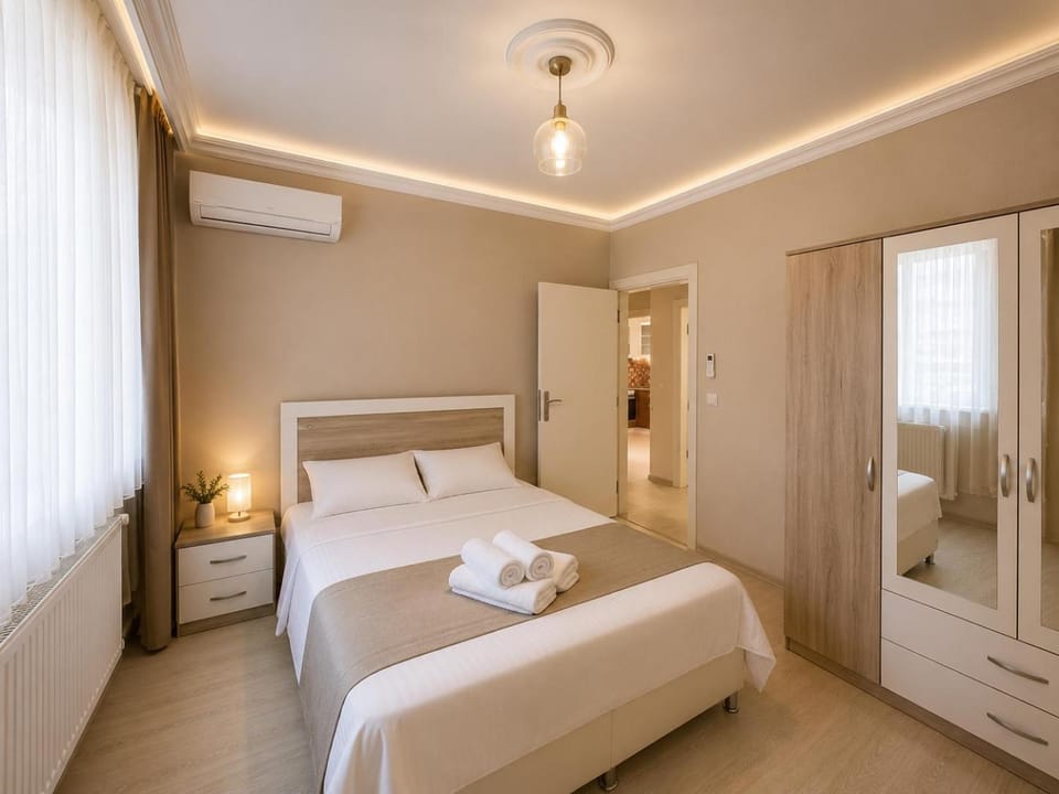 Bed, Bedroom, towels, wardrobe, air conditioner