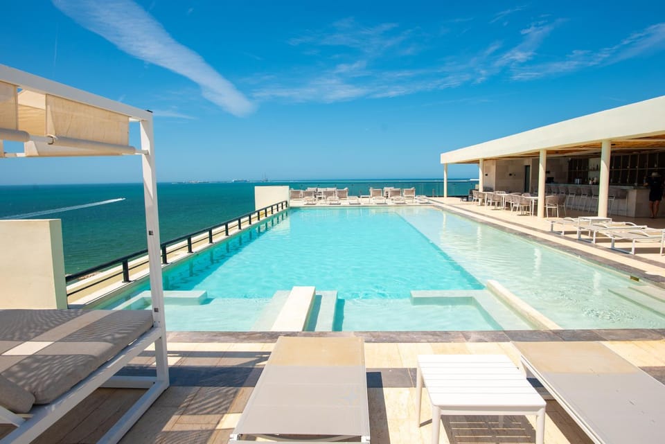 Natural landscape, View (from property/room), Balcony/Terrace, Lounge or bar, Food and drinks, Sea view, Swimming pool, Swimming pool, Alcoholic drinks, sunbed