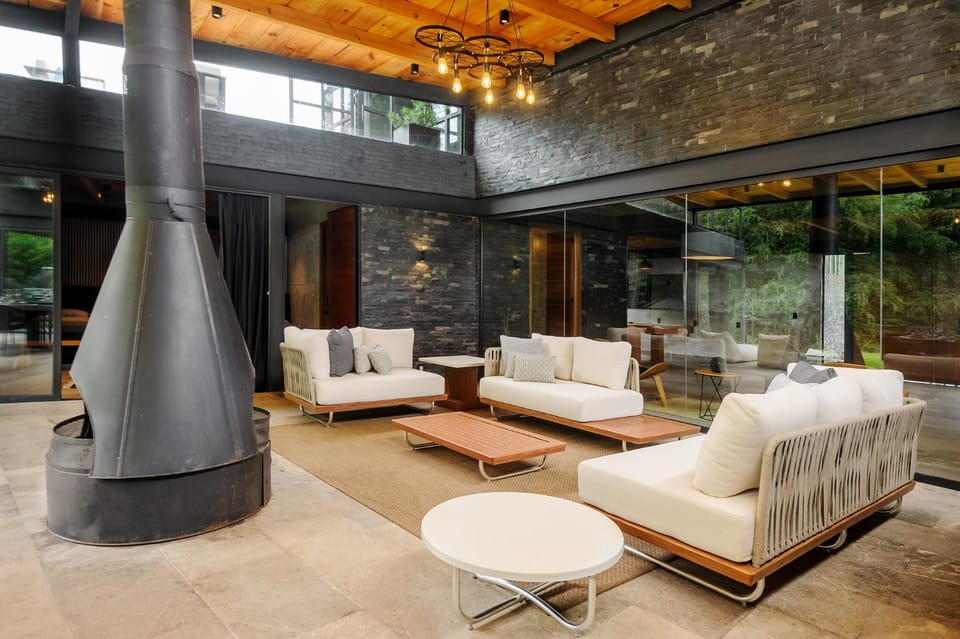 Patio, Living room, Seating area, fireplace