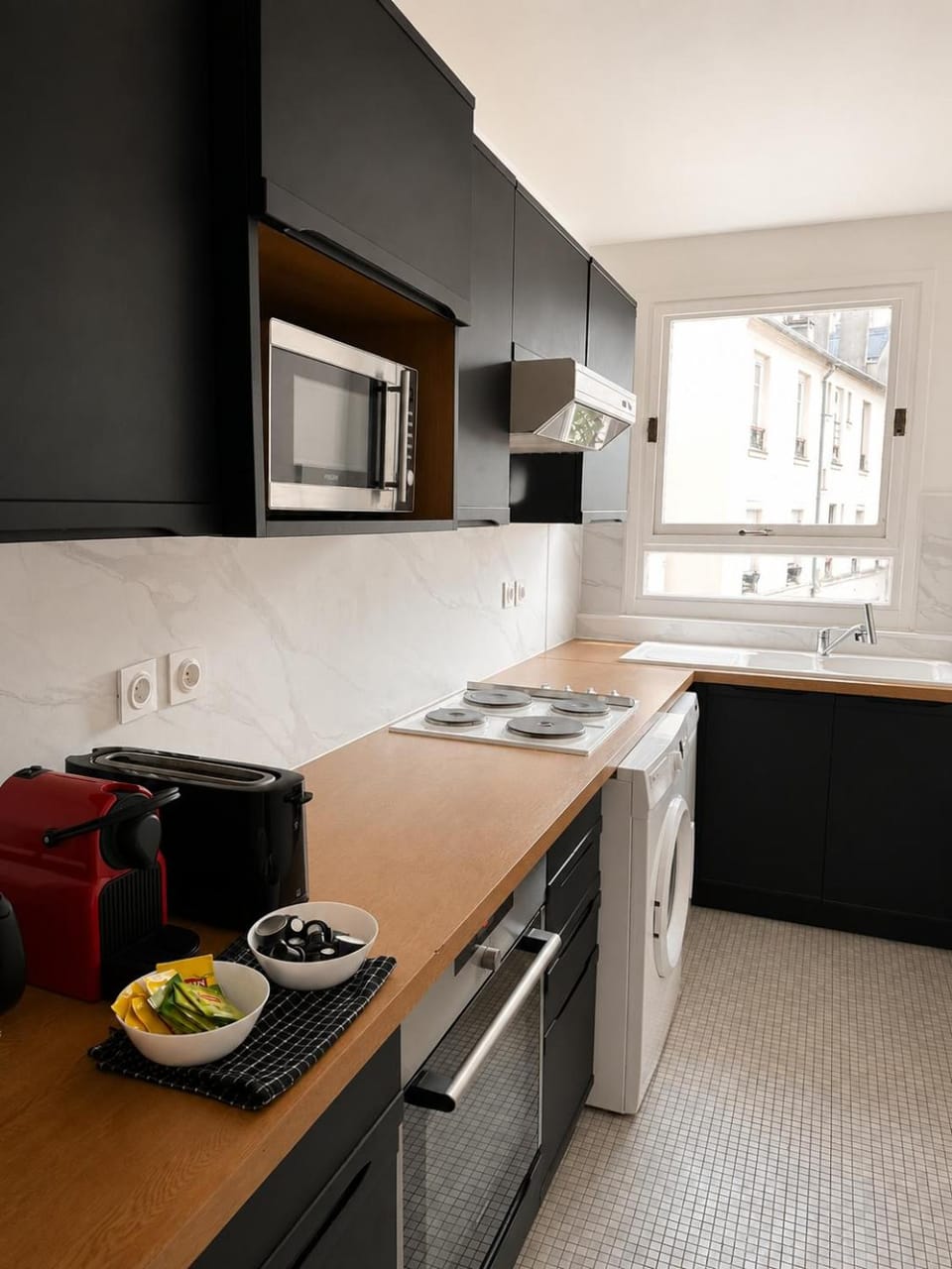 Kitchen or kitchenette, stove, toaster