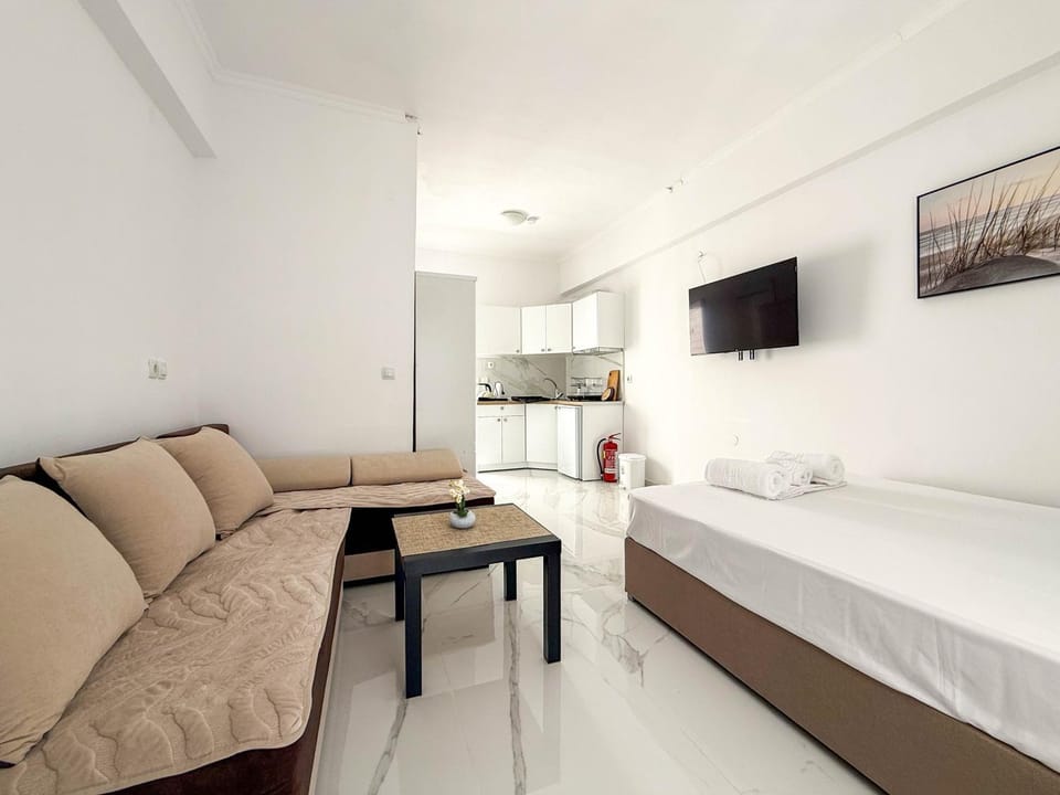 Bed, TV and multimedia, Kitchen or kitchenette, Photo of the whole room, Seating area