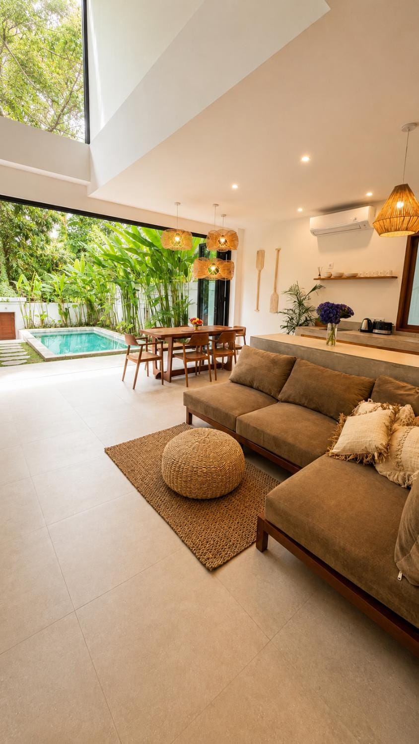 Kitchen or kitchenette, Living room, Seating area, Pool view, kitchen