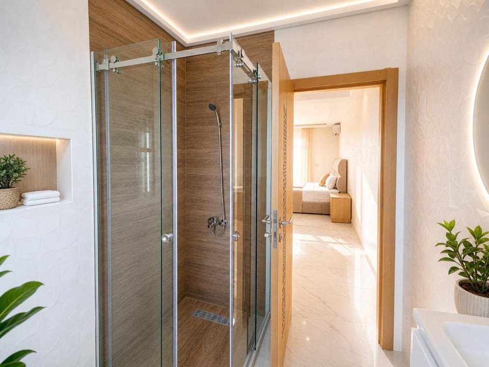 Shower, Bed, Bathroom, Photo of the whole room, Bedroom, wardrobe