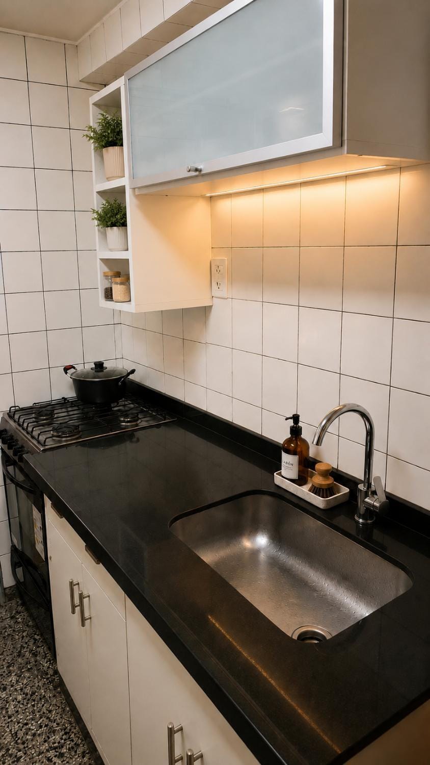 Kitchen or kitchenette, stove