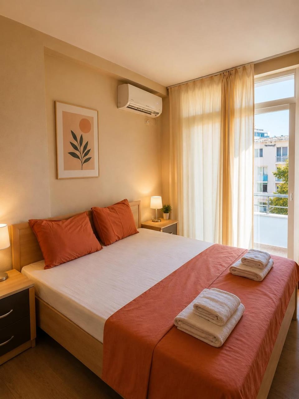 Bed, Photo of the whole room, Bedroom, towels, air conditioner