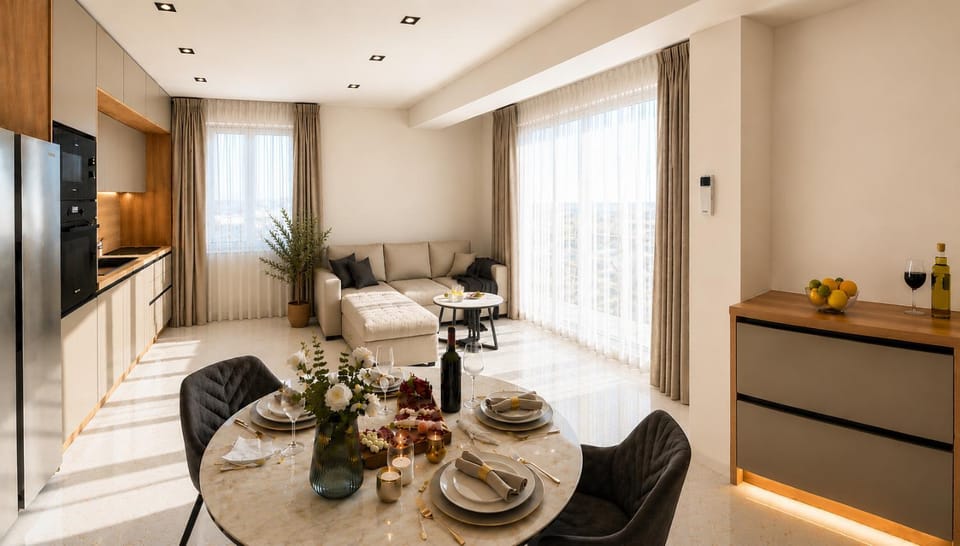 Coffee/tea facilities, Kitchen or kitchenette, Living room, Food and drinks, Seating area, Dining area, Food