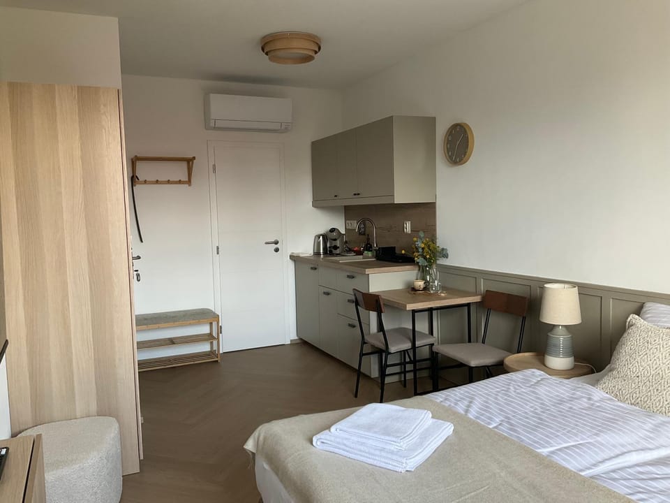 Bed, Kitchen or kitchenette, Seating area, air conditioner