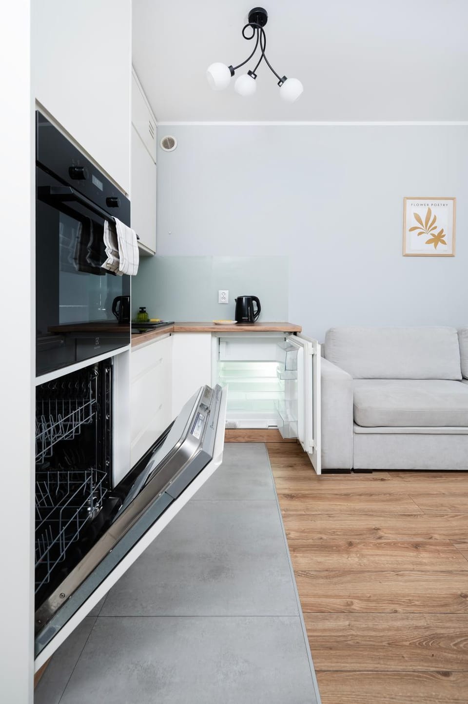 Kitchen or kitchenette, Living room, Seating area, stove