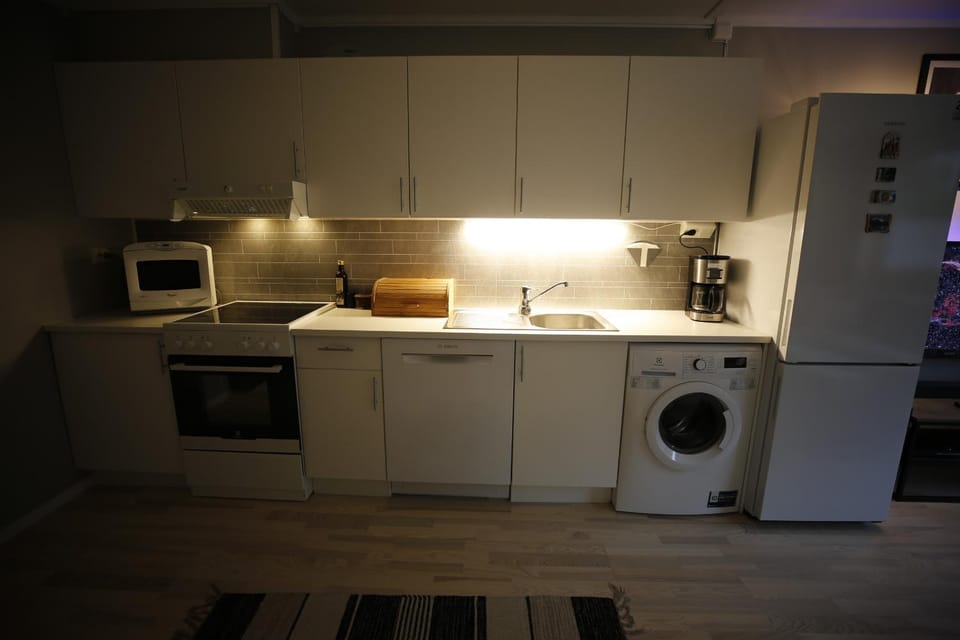 Kitchen or kitchenette, dishwasher, stove, washing machine