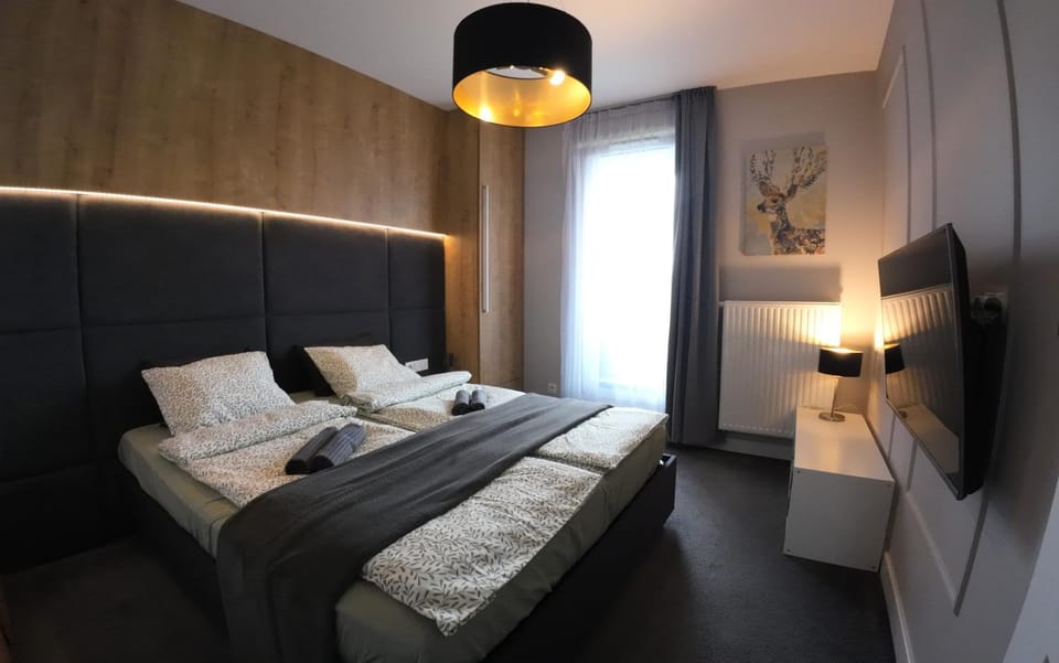 Bed, wardrobe