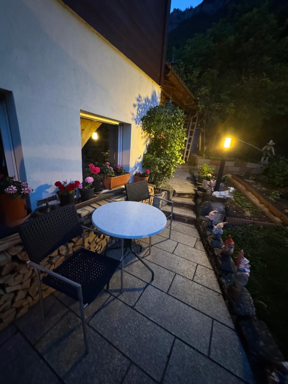 Patio, Natural landscape, Garden, Dining area, Garden view, Mountain view