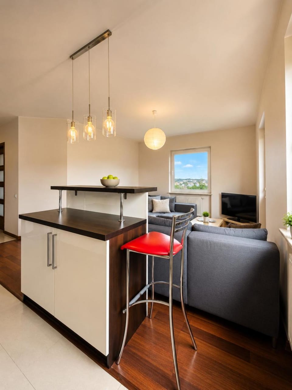 Kitchen or kitchenette, Living room, Seating area, Dining area