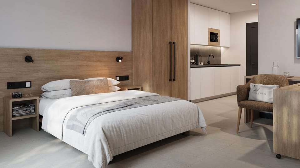 Bed, Seating area, kitchen