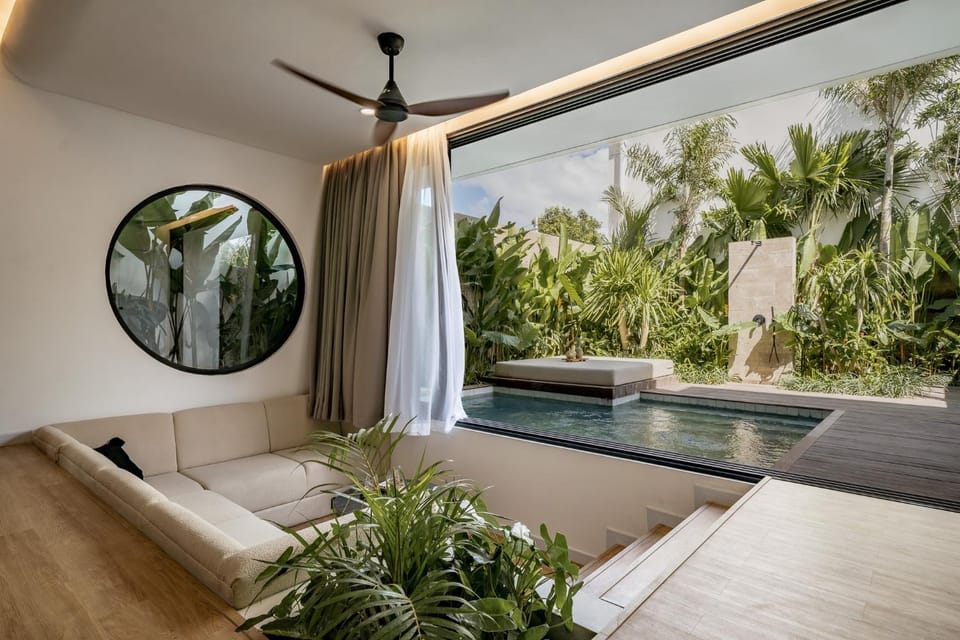 Natural landscape, Garden, Garden view, Pool view, Swimming pool, sunbed