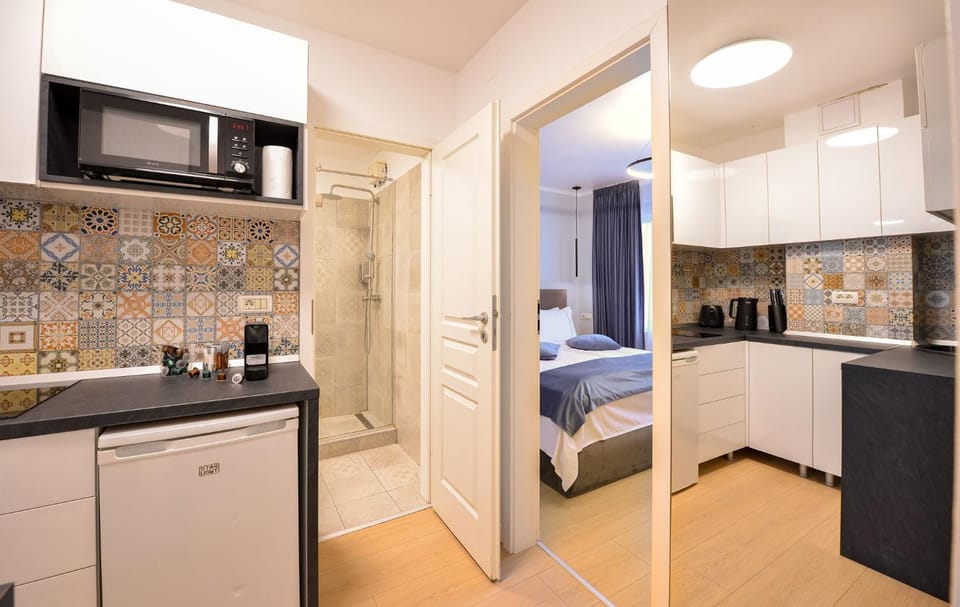 Bed, Bedroom, microwave, oven, kitchen