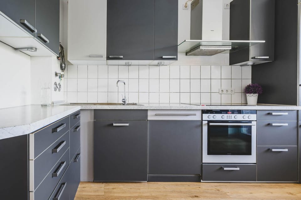 Kitchen or kitchenette, dishwasher, oven, stove