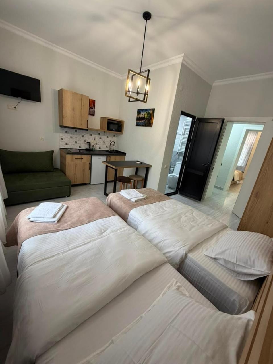 Bed, TV and multimedia, Kitchen or kitchenette, Living room, Photo of the whole room, Seating area, Bedroom, oven