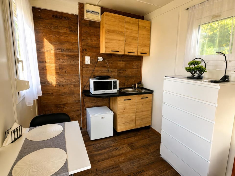 Kitchen or kitchenette, Dining area, microwave, air conditioner