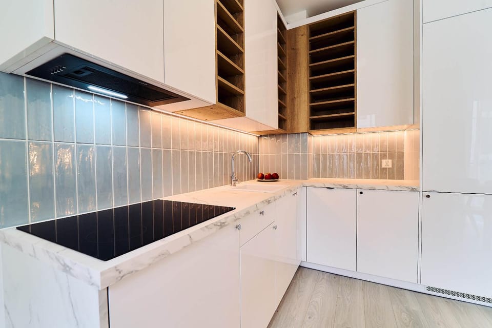 Kitchen or kitchenette, stove