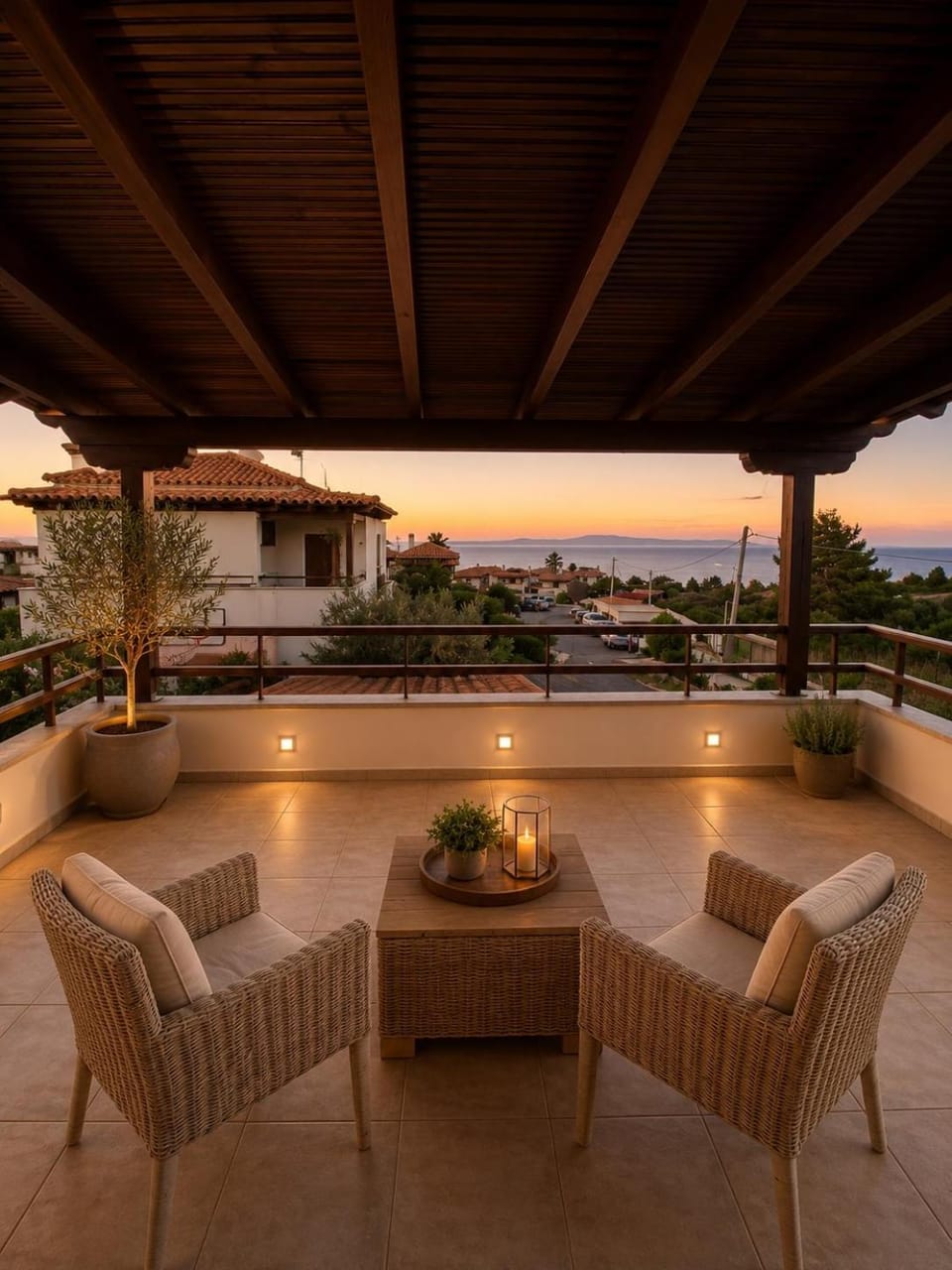 Patio, Day, Natural landscape, View (from property/room), Balcony/Terrace, Living room, Seating area, Sea view, Sunrise, Sunset