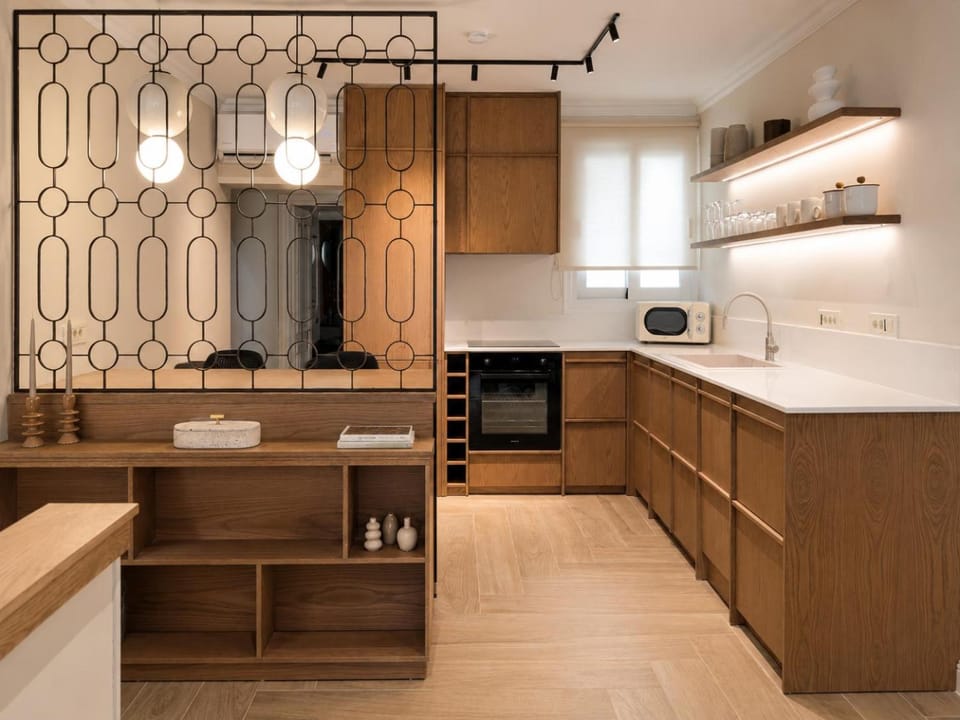 Kitchen or kitchenette, stove