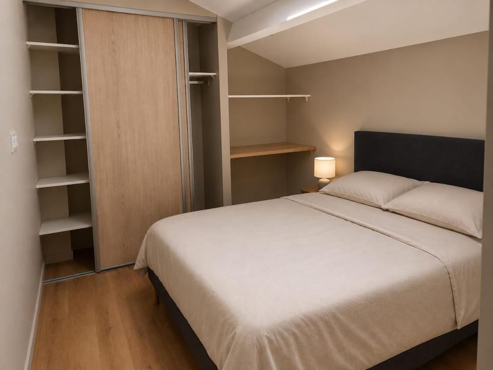 Bed, wardrobe