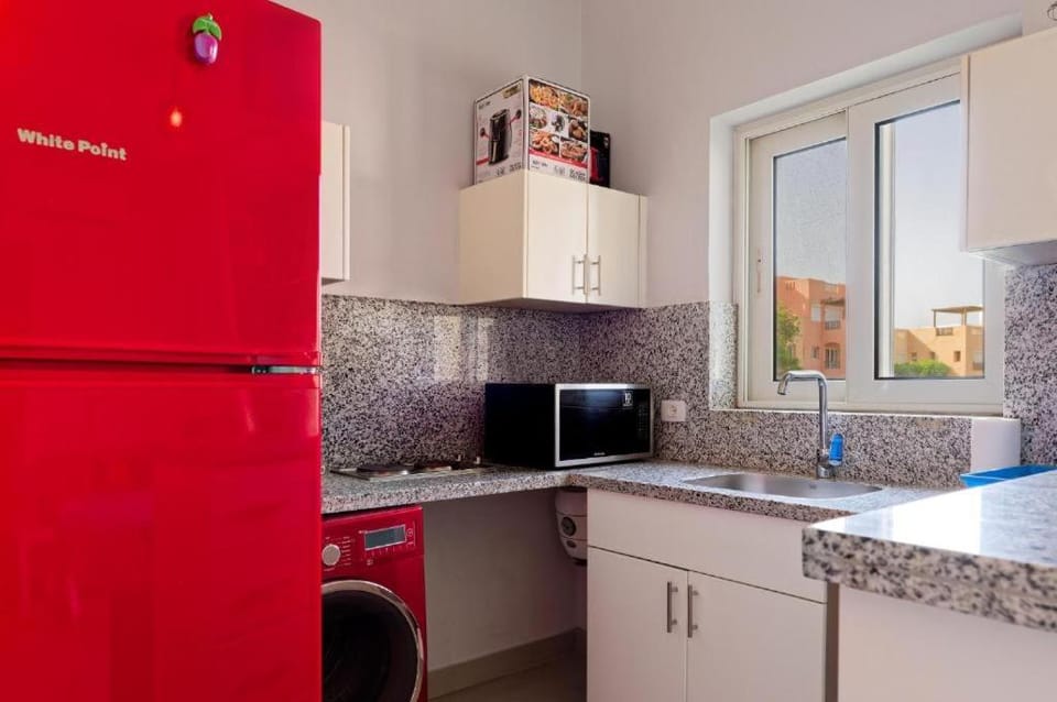 Kitchen or kitchenette, microwave, stove, washing machine