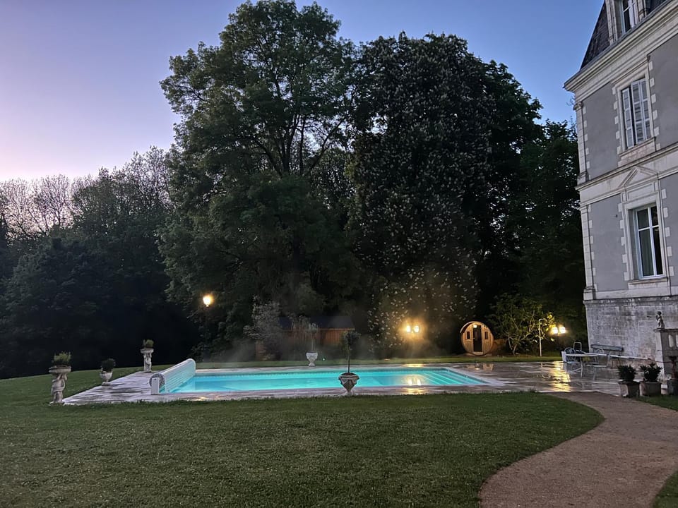 Property building, Night, Natural landscape, Garden, Garden view, Pool view, Swimming pool, sunbed