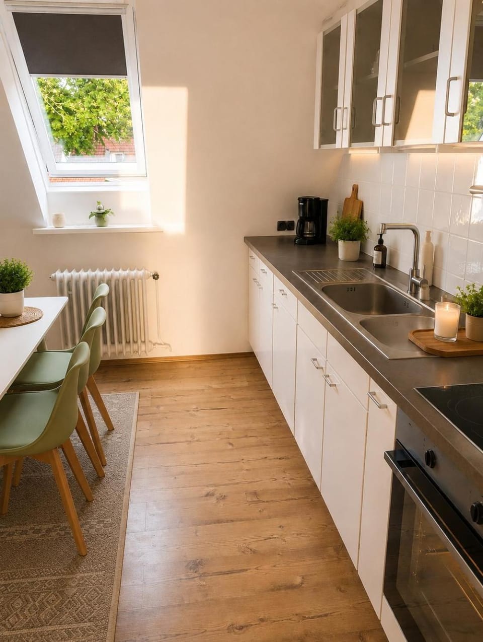 Coffee/tea facilities, Kitchen or kitchenette, Dining area, dishwasher, stove